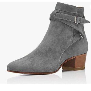 Grey Women Block Low Heel Suede Cowgirl Boots Pull on Ankle Bootie with Buckle